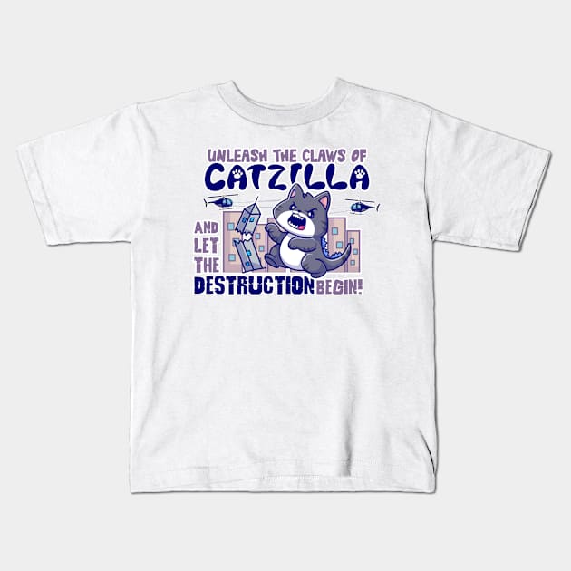 Unleash the Claws of Catzilla Kids T-Shirt by Rakusumi Art